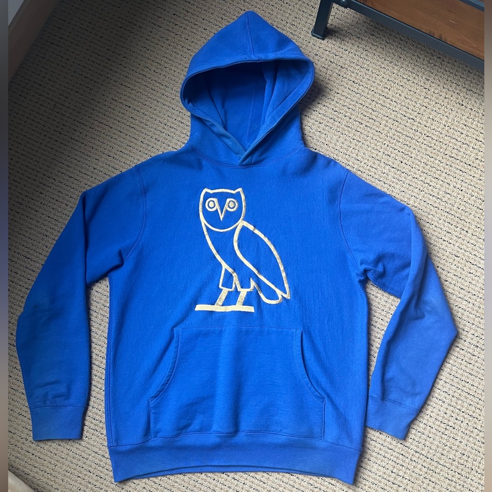 USED Authentic October’s Very Own Ovo Blue Gold Embroidered Owl Sweatshirt